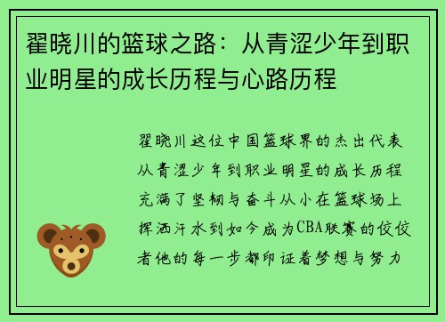 翟晓川的篮球之路：从青涩少年到职业明星的成长历程与心路历程